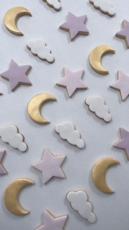 Moon | Stars | Clouds | Baby shower biscuits | Birthday Cookies | Pastel | Metallic |