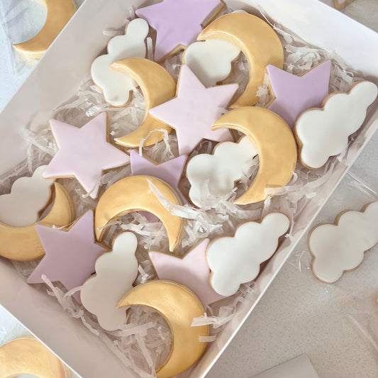 Moon | Stars | Clouds | Baby shower biscuits | Birthday Cookies | Pastel | Metallic |